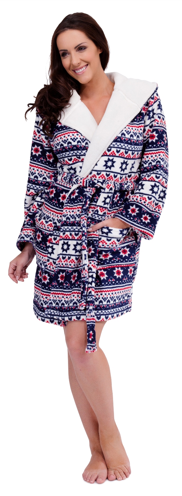 Womens Short Hooded Fairisle Bath Robe Fleece Lined Dressing Gown Size UK 616 eBay